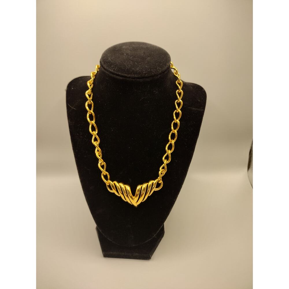 Napier Signed V Necklace 18" Retro Boho Modern Gold-Tone Statement